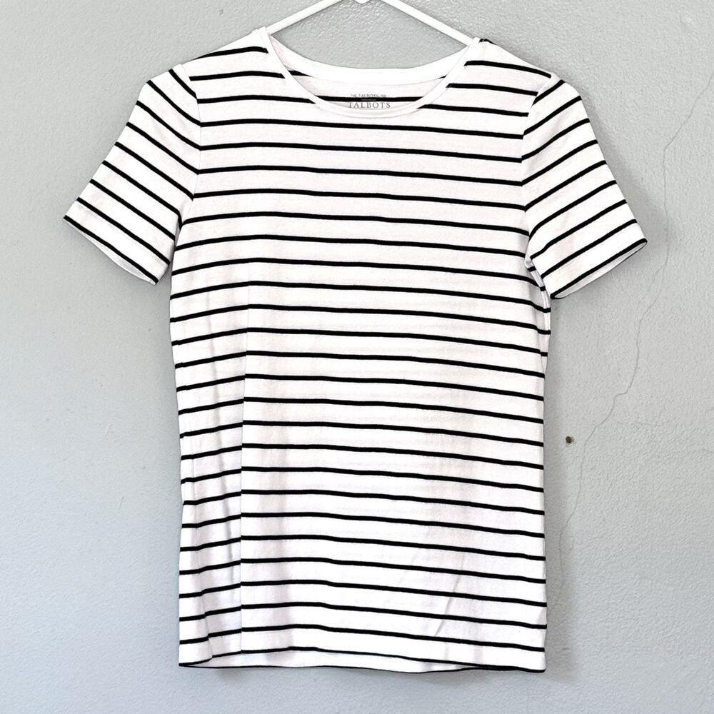 Talbots Top XS Navy Blue White Striped Tee Short Sleeve Nautical Preppy Capsule